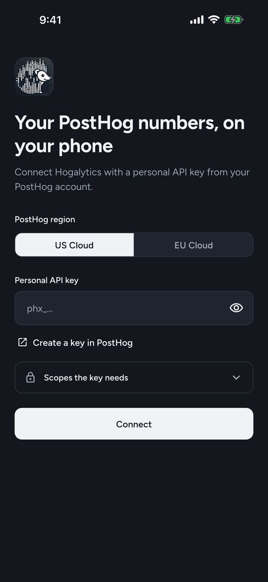 The Hogalytics connect screen: choose US Cloud or EU Cloud, then paste a PostHog personal API key.