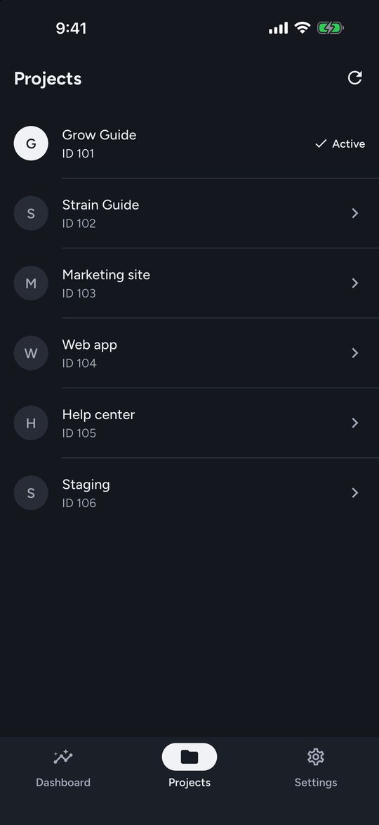 The Projects screen in Hogalytics: six PostHog projects, with the active one marked.