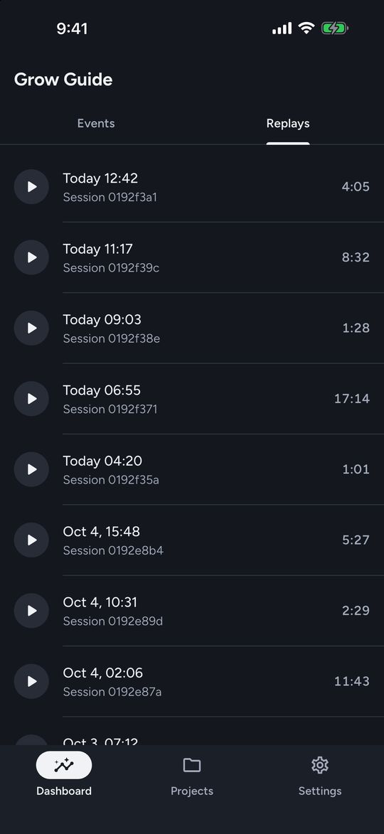 The Replays tab in Hogalytics: a list of recent PostHog session recordings, each with its start time and length.